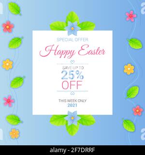 Square Easter sale banner with eggs, lives and flowers. Spring season promotion, discount flayer, special offer typography template concept. Stock Stock Vector