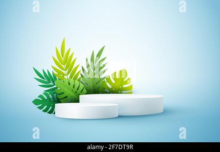 Product display podium decorated with tropical palm leaves on blue background Stock Vector