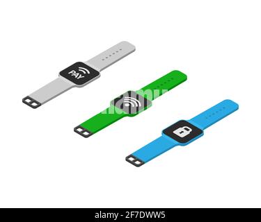 Smart Watch Icon set in isometric style. Smart watch with nfc payment wifi and lock symbols on display Vector EPS 10 Stock Vector