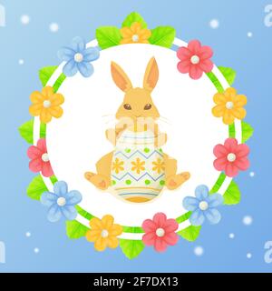 Round Easter greeting card with bunny, eggs, lives and flowers. Can be used for promotion, invitation, special offer typography template concept Stock Vector