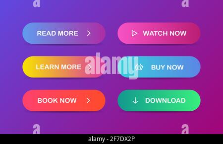 Read, Learn more, Book, Watch, Buy now, Download. Set of modern multicolored buttons Vector EPS 10 Stock Vector