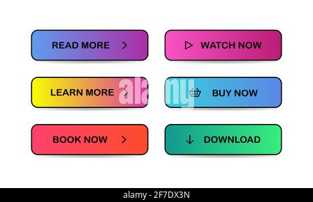 Read, Learn more, Book, Watch, Buy now, Download. Set of modern multicolored buttons Vector EPS 10 Stock Vector