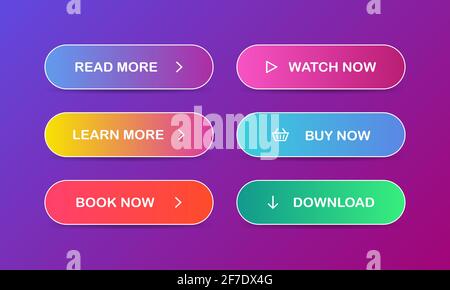 Read, Learn more, Book, Watch, Buy now, Download. Set of modern multicolored buttons Vector EPS 10 Stock Vector