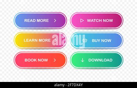 Read, Learn more, Book, Watch, Buy now, Download. Set of modern multicolored buttons Vector EPS 10 Stock Vector