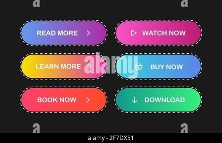 Read, Learn more, Book, Watch, Buy now, Download. Set of modern multicolored buttons Vector EPS 10 Stock Vector