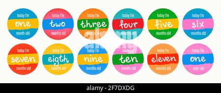 Set of vector lettering stickers today I'm 1, 2, 3, 4, 5, 6, 7, 8, 9, 10, 11, 12 months old. Happy birthday greeting card for baby under one year old. Stock Vector