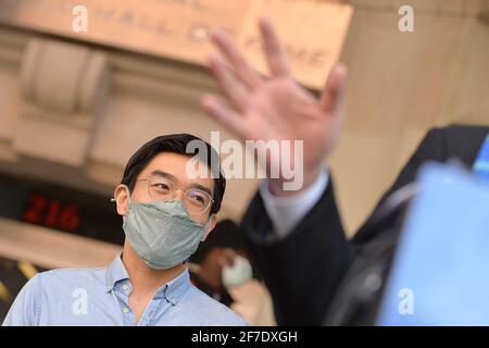 New York, USA. 06th Apr, 2021. Huge Ma, creator of TurboVax, stands besideNew York City Mayoral candidate Andrew Yang, as he is honored at a press conference outside the Fort Washington Armory vaccination site in New York, NY, April 6, 2021. Huge Ma, a software engineer, created the TurboVax website, that compiles information on vaccine availability from City and State vaccines systems and sends the information in real time to Twitter, allowing people to know where vaccine appointments are available. (Photo by Anthony Behar/Sipa USA) Credit: Sipa USA/Alamy Live News Stock Photo