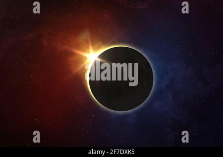 A Total Eclipse of the Sun. Moon and colorful nebula. The moon covers the sun in a solar eclipse. Elements of this image furnished by NASA. Stock Photo