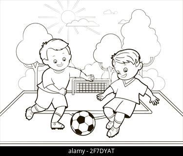 Coloring book; depictions of soccer boys in various positions playing a soccer ball . Vector illustration in cartoon style, black and white line art . Stock Vector