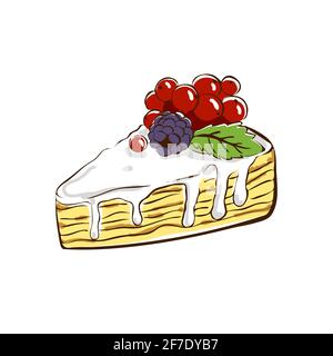 Cake,triangular piece of sandy dessert drenched in sweet cream and garnished with fruit.Sketch,doodle,vector illustration isolated on white background Stock Vector