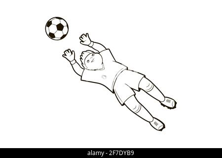 Coloring book; depictions of soccer boys in various positions playing a soccer ball . Vector illustration in cartoon style, black and white line art . Stock Vector