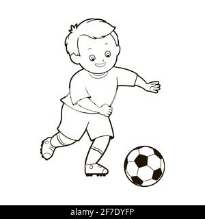 Coloring book; depictions of soccer boys in various positions playing a soccer ball . Vector illustration in cartoon style, black and white line art . Stock Vector