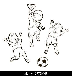 Coloring book; depictions of soccer boys in various positions playing a soccer ball . Vector illustration in cartoon style, black and white line art . Stock Vector