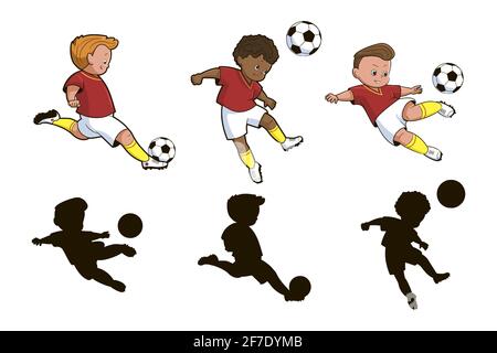 Find the correct shadow.An educational game for children on the theme of sports,boys football players kick a soccer ball.Vector illustration in cartoo Stock Vector