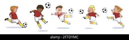 Football player, teenage boy in a red sports shirt and shorts kicks a soccer ball . Vector illustration in cartoon style isolated on white background. Stock Vector