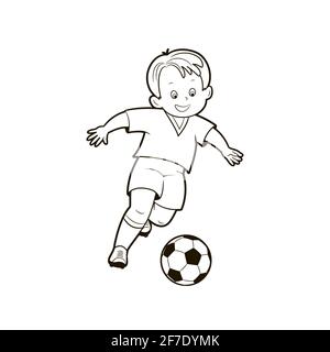 Coloring book; depictions of soccer boys in various positions playing a soccer ball . Vector illustration in cartoon style, black and white line art . Stock Vector