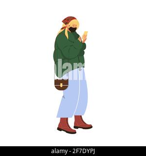 A young girl looks at the phone in anticipation.The teenager is dressed in a green jacket and red boots.Vector illustration in cartoon ,isolated flat. Stock Vector