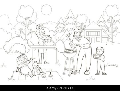 Coloring book. The family makes a grill on the lawn near the house ...