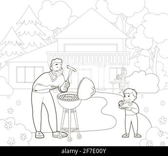 Coloring book. The family makes a grill on the lawn near the house. Vector illustration in cartoon style, black and white lines Stock Vector