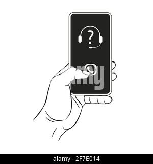 The hand holds the phone,prepares to call the call center,ask a question,top view.Vector illustration in sketch style,black and white isolated lineart Stock Vector