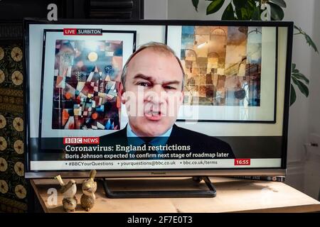 Sir Ed Davey, leader of the Liberal Democratic party in the UK, being interviewed about Covid restrictions on BBC news. Stock Photo