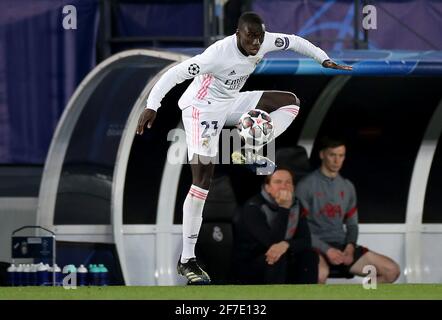Real Madrid's Ferland Mendy in action during the UEFA Champions League match at the Alfredo Di Stefano Stadium, Madrid. Picture date: Tuesday April 6, 2021. Stock Photo