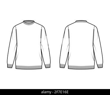 Fisherman Sweater technical fashion illustration with rib crewneck, long sleeves, oversized, hip length, knit trim. Flat jumper apparel front, back, white color style. Women, men unisex CAD mockup Stock Vector