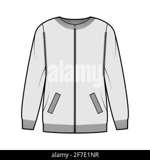 Zip-up cardigan Sweater technical fashion illustration with rib crew neck, long sleeves, oversized, knit trim, pockets. Flat jumper apparel front, grey color style. Women, men unisex CAD mockup Stock Vector