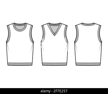 Set of pullover vest sweater waistcoat technical fashion illustration with sleeveless, rib knit V-neckline, oversized. Flat template front, back, white color style. Women, men, unisex top CAD mockup Stock Vector