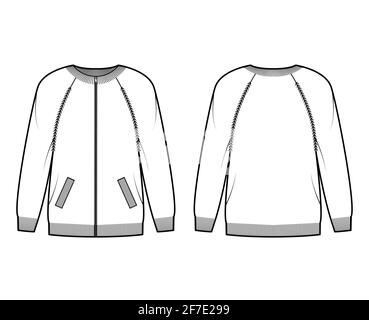 Zip-up cardigan Sweater technical fashion illustration with rib crew neck, long raglan sleeves, oversized, knit trim, pockets. Flat apparel front, back, white color style. Women, men unisex CAD mockup Stock Vector