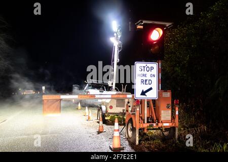 Kennedy Hill, Canada - December 11, 2020:View of sign Stop Here On Red due to A major upgrade to Highway 4 at Kennedy Hill Stock Photo