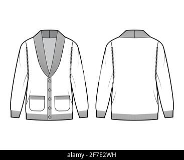 Cardigan Shawl collar Sweater technical fashion illustration with long sleeves, oversized, hip length, knit rib trim, button closure. Flat apparel front, back, white color style. Women, men CAD mockup Stock Vector