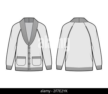 Cardigan Shawl collar Sweater technical fashion illustration with long raglan sleeves, oversized, hip length, button closure. Flat apparel front, back, grey color style. Women, men unisex CAD mockup Stock Vector