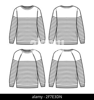 Set of Sailor Sweaters technical fashion illustration with rib crew neck, long raglan sleeves, oversized, hip length, knit cuff. Flat apparel front, back, white color. Women, men unisex CAD mockup Stock Vector