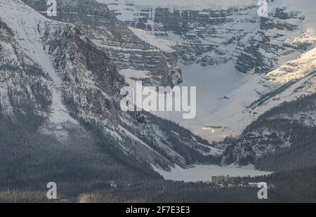 Panorama of Lake Louise under winter moonlight in Banff National Park ...