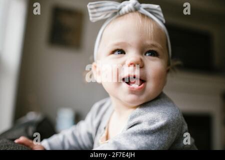 Close up of happy one year old smiling at home. Stock Photo