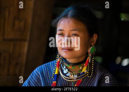 Portrait of young woman from Kayaw tribe, near Loikaw, Myanmar Stock Photo