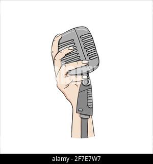 music concept hand holding classical microphone for singing isolated on white background, vector illustration Stock Vector
