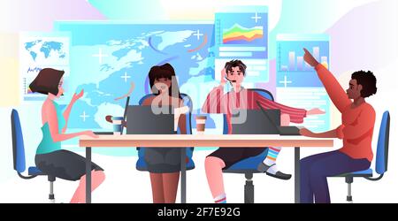 mix race businesspeople traders analyzing financial statistics at workplace data analysis digital marketing Stock Vector