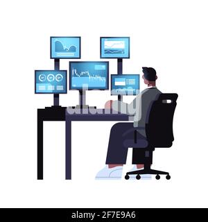 man trader stock market broker analyzing charts graphs and rates on computer monitors at workplace Stock Vector