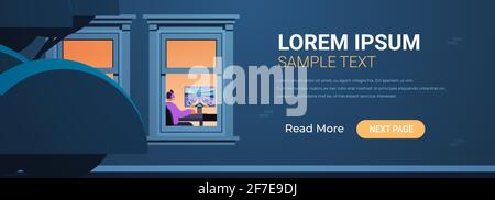 exterior of building with virtual gamer playing online video games on personal computer at home portrait Stock Vector
