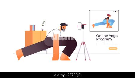 young man doing stretching exercises while watching online video training program with female yoga teacher workout concept Stock Vector