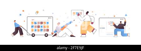set mix race web developers team creating program code development of software and programming concept Stock Vector
