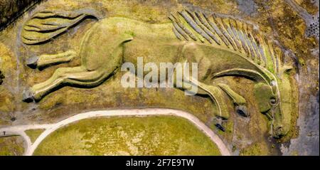 Aerial view of a huge public earthwork of a pit pony on the site of an old coal mine (Penallta, Wales) Stock Photo