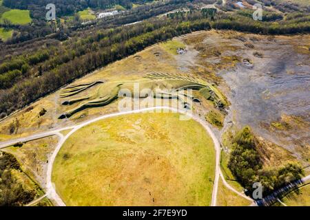 Aerial view of a huge public earthwork of a pit pony on the site of an old coal mine (Penallta, Wales) Stock Photo