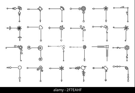 Flower and leaf vector line corners, dividers on isolated white. Decorative ornaments for scrapbook, card, book, wedding invate, menu or certificate. Chapter decorations and delimiters set. Stock Vector