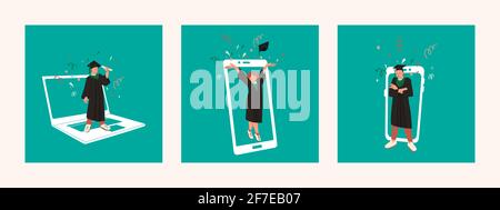 Online education. Graduation in a virtual school. Happy students on the background of gadgets, laptop, smartphone, tablet. Flat vector illustration. Stock Vector