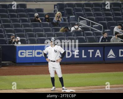 Bronx, United States. 06th Apr, 2021. New York Yankees Aaron Judge stands on 3rd base in the fourth inning against the Baltimore Orioles at Yankee Stadium on Tuesday, April 6, 2021 in New York City. Photo by John Angelillo/UPI Credit: UPI/Alamy Live News Stock Photo