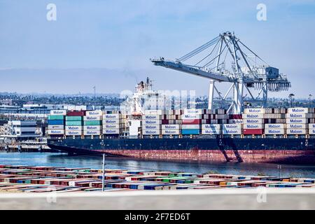 Cargo ship with containers in the Port Of Los Angeles, California USA Stock Photo