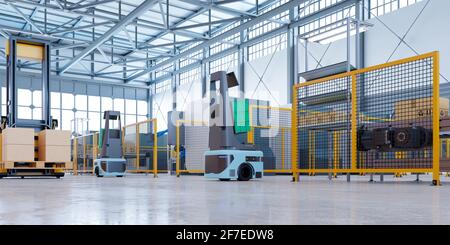 AGV robots efficiently sorting hundreds of parcels per hour(Automated guided vehicle) AGV.3d rendering Stock Photo